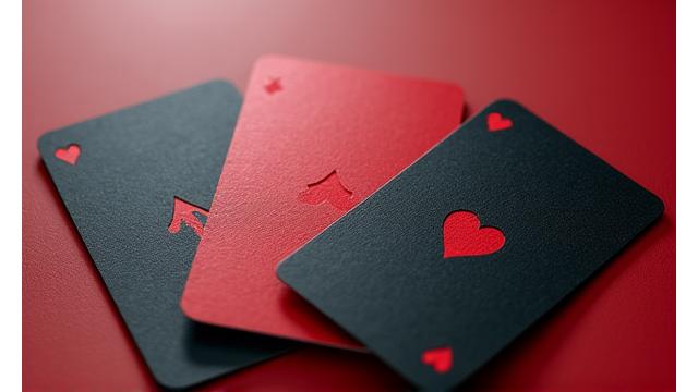 Three playing cards fanned out, each displaying a different surface finish: smooth gloss, linen textured, and matte, with light reflecting differently on each.