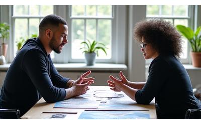 Two board game designers discussing a prototype game at a table