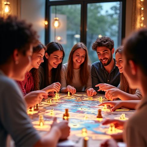 A highly diverse group of smiling board game players cheering around a table, symbolizing a vibrant, inclusive gaming community.