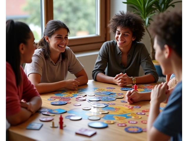 A diverse group of gamers enthusiastically playing a unique, colorful board game with intricate components, suggesting a rich indie experience.